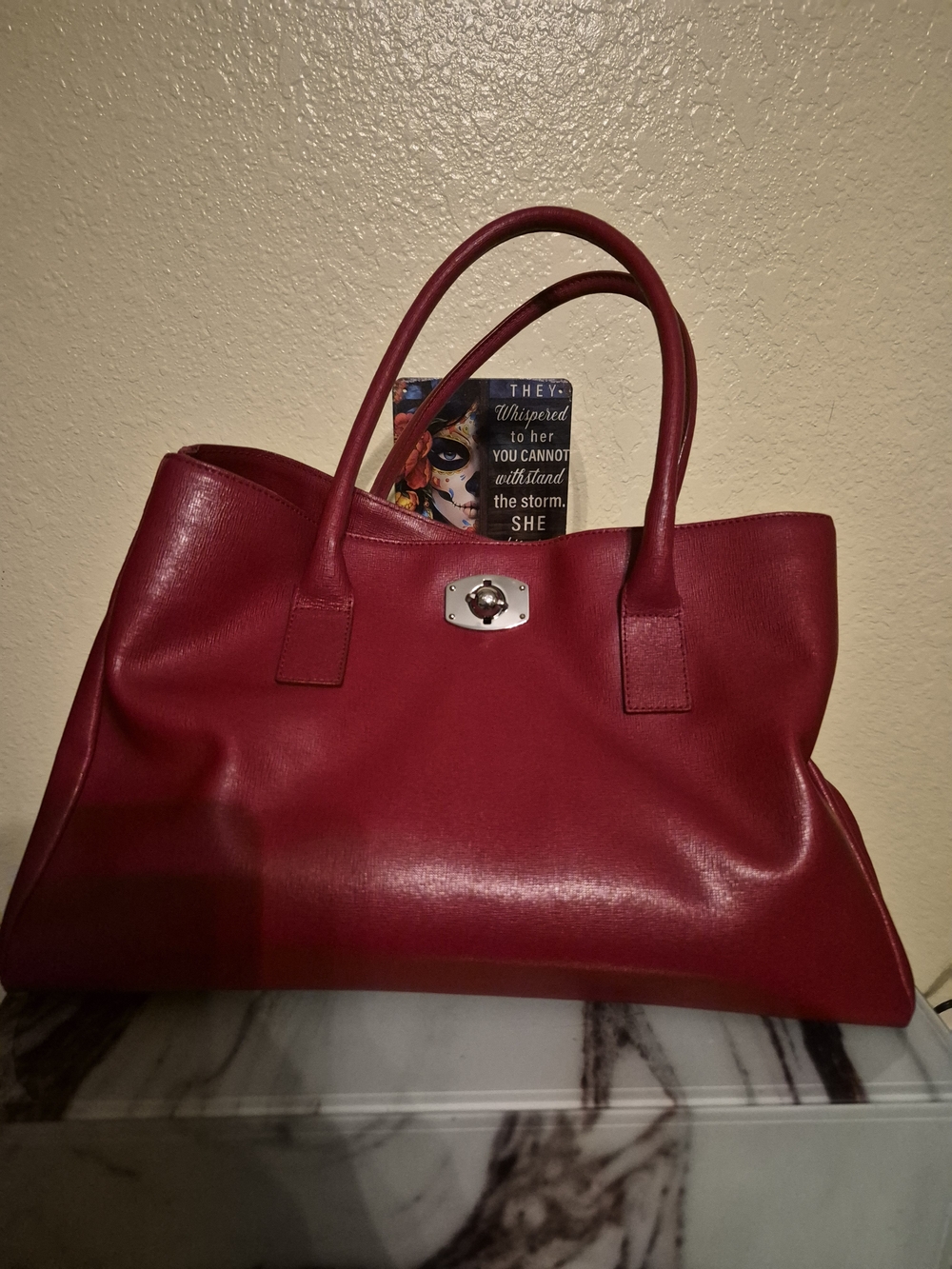 Furla A Cherry Red Leather Tote with Turn-Lock Accent